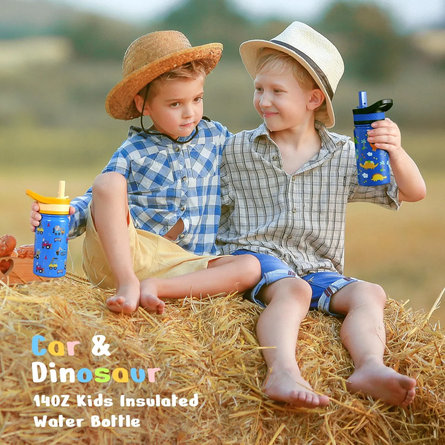2 Pack Insulated Kids Water Bottle, BUZIO 14oz Stainless Steel Water Bottles with Tritan Straw Lid, BPA-FREE Lead-Free Double Wall Leak Proof Drink Cups Flask for School (Blue Car  Blue Dinosaur)