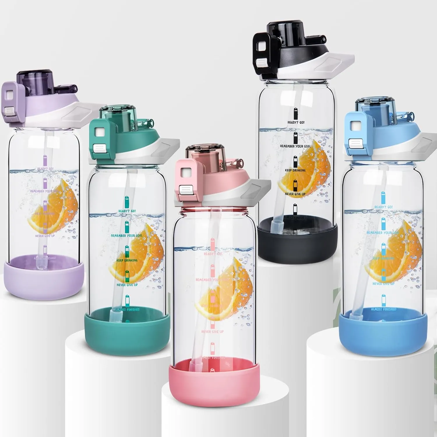 20 oz Sports Glass Water Bottle with Straw & Time Marker, Motivational Kids Daily Glass Drinking Bottle with Strap for Children, School