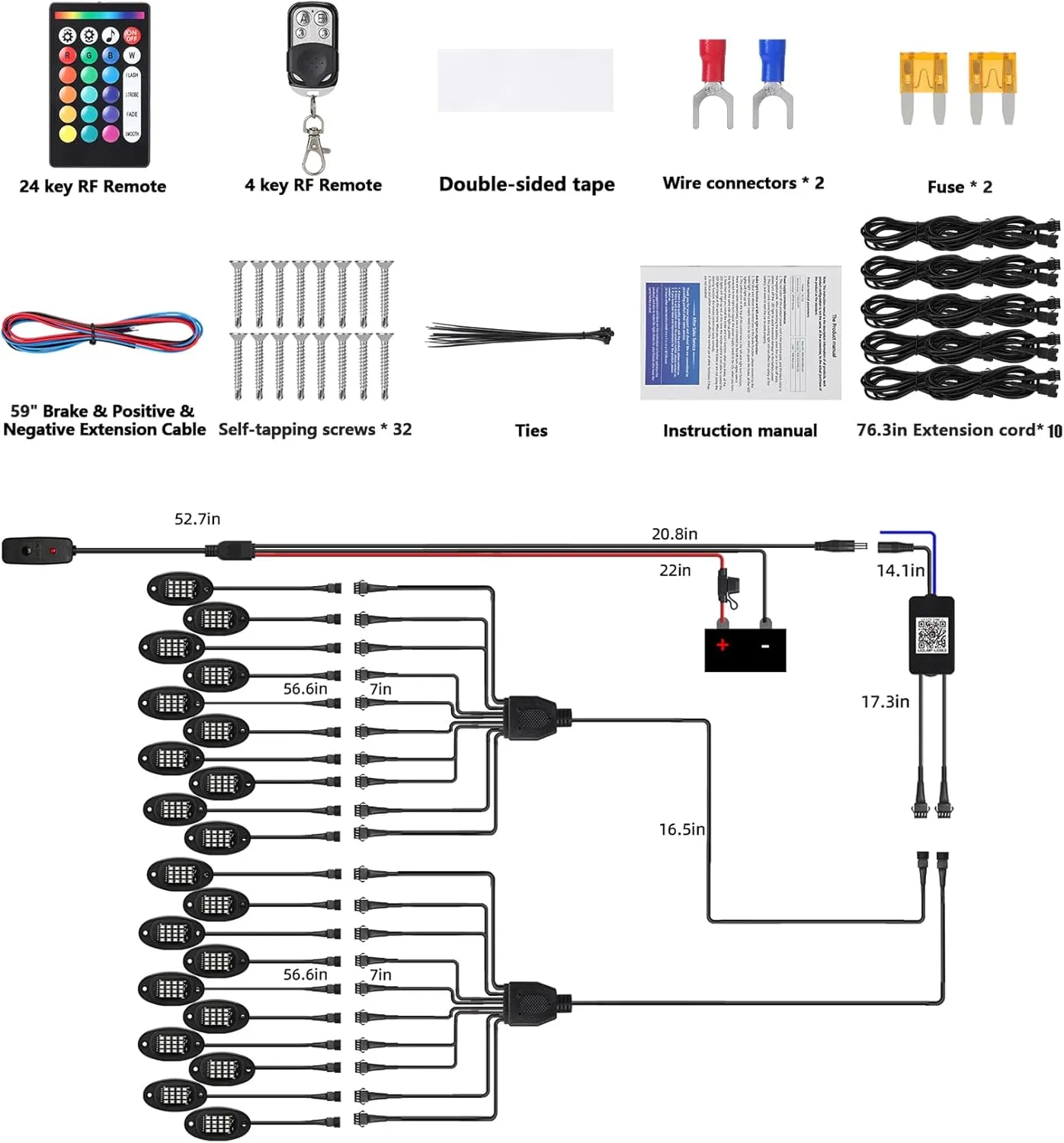 20 Pods RGB LED Rock Lights for Semi Trucks Offroad Pickup Trailer Sedan Boat, 12V Waterproof Dual Zone APP/RF Control Music Mode Brake Light Red Green Blue Underglow Neon Kit with Extension Wires