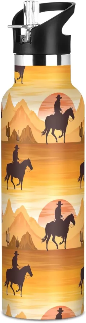 20oz Stainless Steel Insulated Water Bottle with Straw Lid Orange Cowboy Horse Desert Landscape Water Bottles for Boys Girls Kids Travel Cups BPA Free Leak Proof with Handle