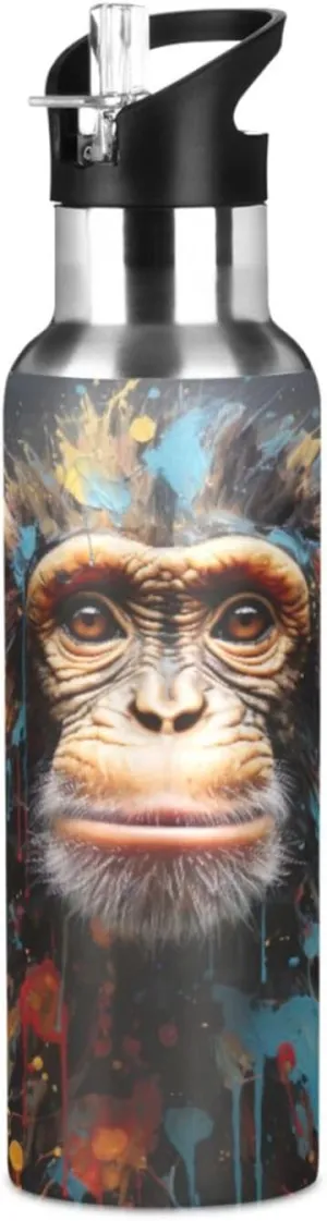 20oz Water Bottle Watercolor Monkey Stainless Steel Water Bottle with Straw Lid Double Wall Vacuum Insulated Leakproof Wide Mouth Bottles for Sports Gym Running