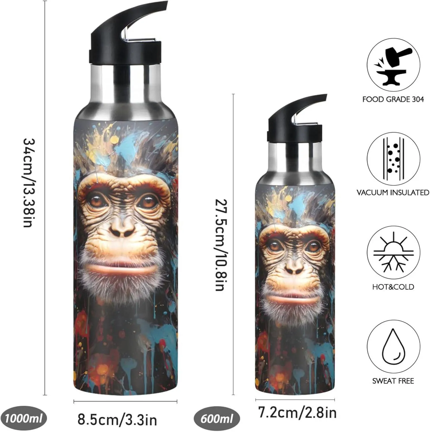 20oz Water Bottle Watercolor Monkey Stainless Steel Water Bottle with Straw Lid Double Wall Vacuum Insulated Leakproof Wide Mouth Bottles for Sports Gym Running