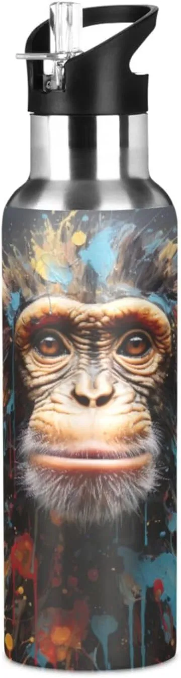 20oz Water Bottle Watercolor Monkey Stainless Steel Water Bottle with Straw Lid Double Wall Vacuum Insulated Leakproof Wide Mouth Bottles for Sports Gym Running