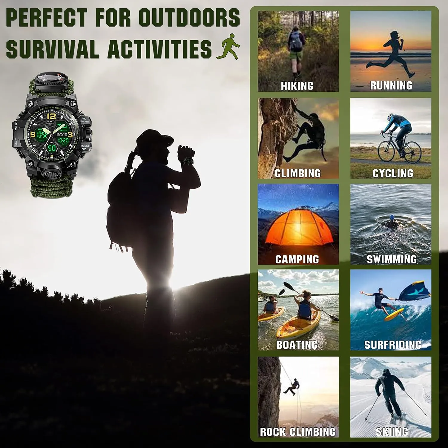 23-in-1 Survival Military Digital Watch, Mens Tactical Multi-Functional and Adjustable Wristband Outdoors Waterproof Sports Dual Dial Watches with Compass Paracord Band