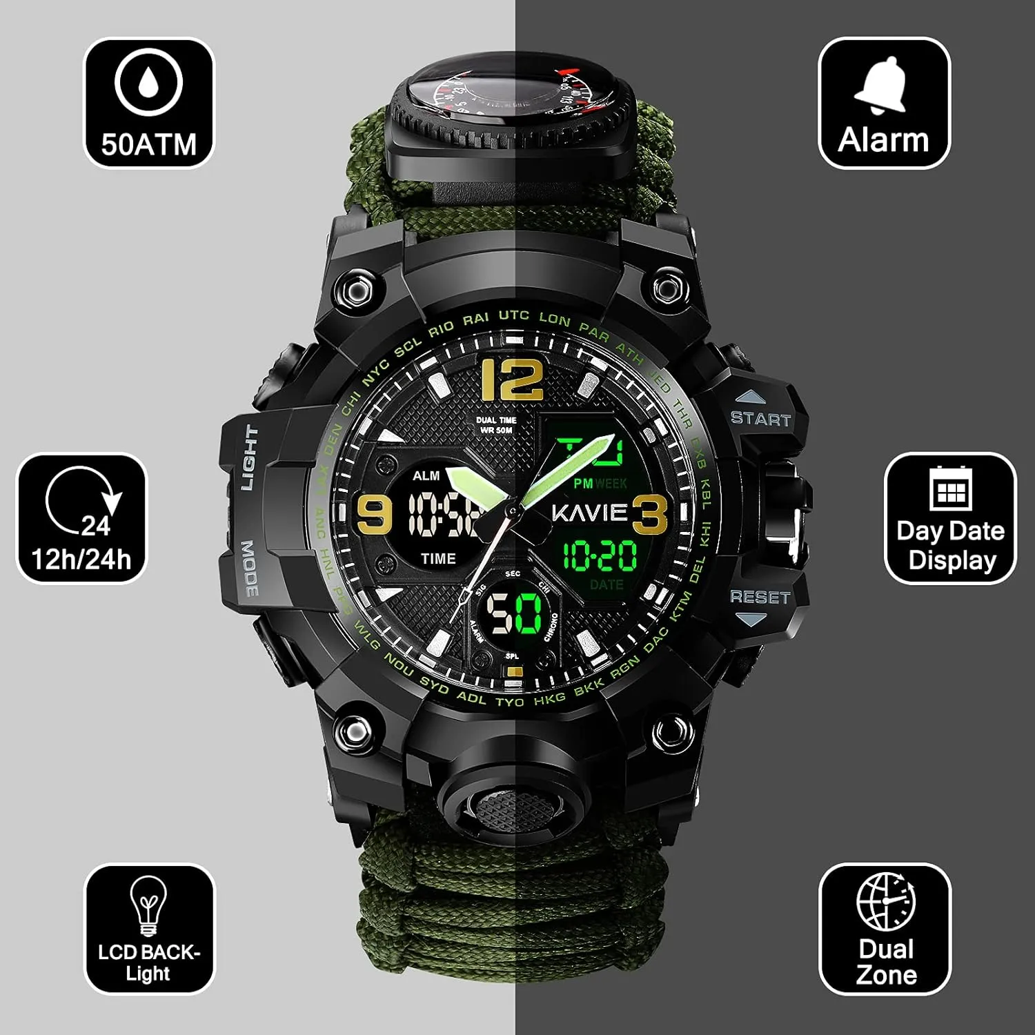23-in-1 Survival Military Digital Watch, Mens Tactical Multi-Functional and Adjustable Wristband Outdoors Waterproof Sports Dual Dial Watches with Compass Paracord Band