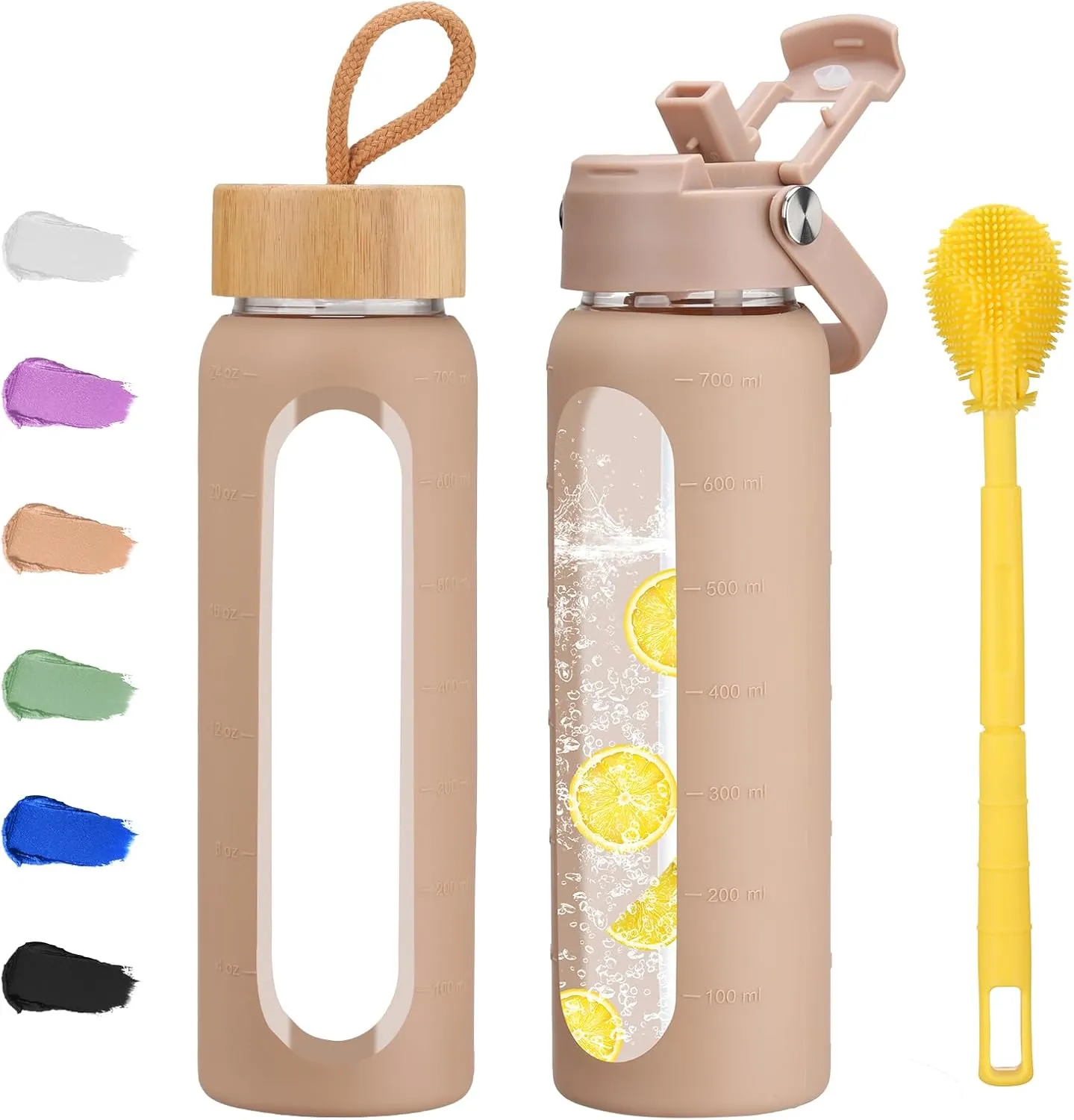 24 oz Glass Water Bottle with 2 Lids-Handle Straw Lid & Bamboo Lid,1 Liter Motivataional Tumbler Water Bottle Time Marker, Borosilicate Glass Water Bottles With Silicone Sleeve, Leakproof