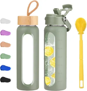 24 oz Glass Water Bottle with 2 Lids-Handle Straw Lid & Bamboo Lid,1 Liter Motivataional Tumbler Water Bottle Time Marker, Borosilicate Glass Water Bottles With Silicone Sleeve, Leakproof