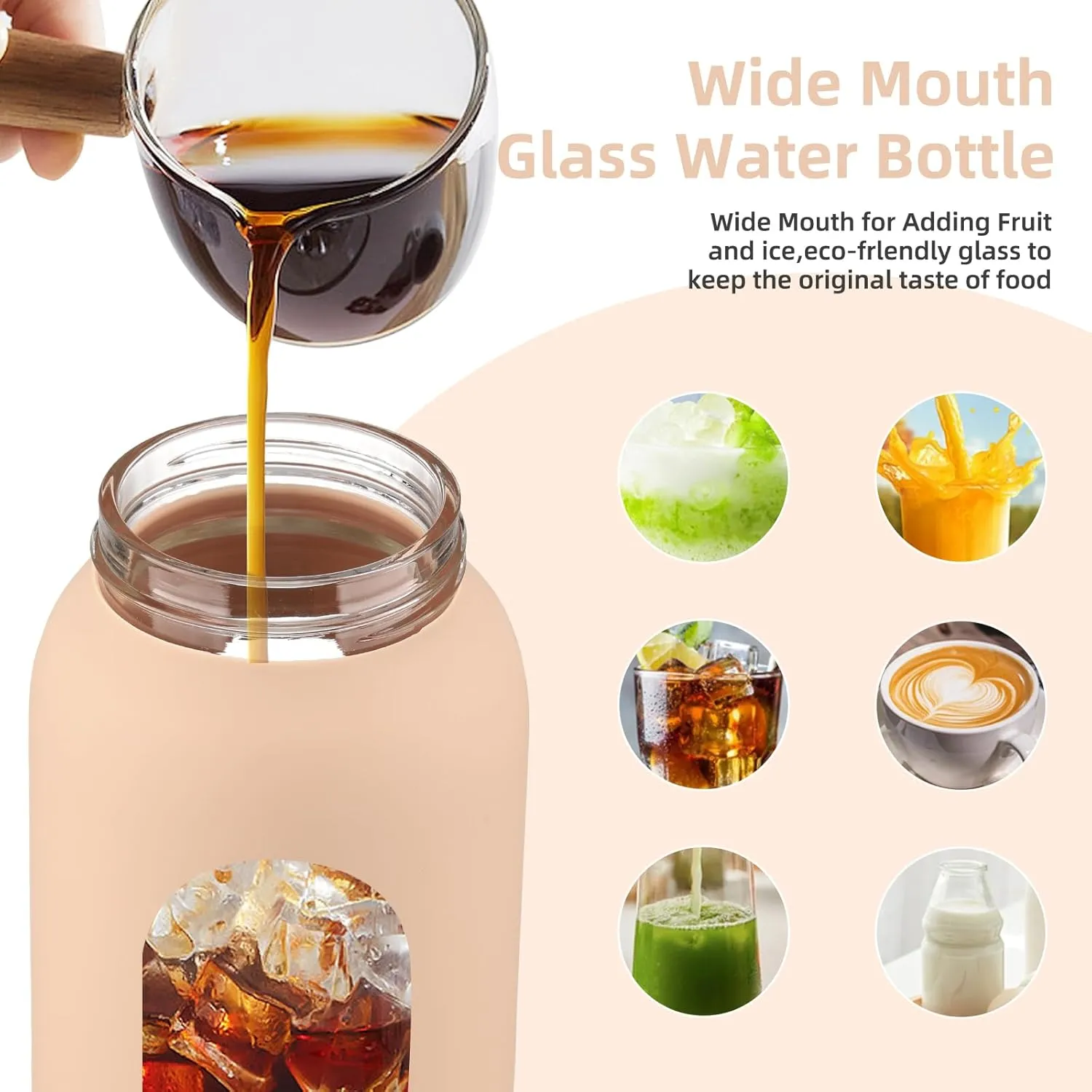 24 oz Glass Water Bottle with 2 Lids-Handle Straw Lid & Bamboo Lid,1 Liter Motivataional Tumbler Water Bottle Time Marker, Borosilicate Glass Water Bottles With Silicone Sleeve, Leakproof