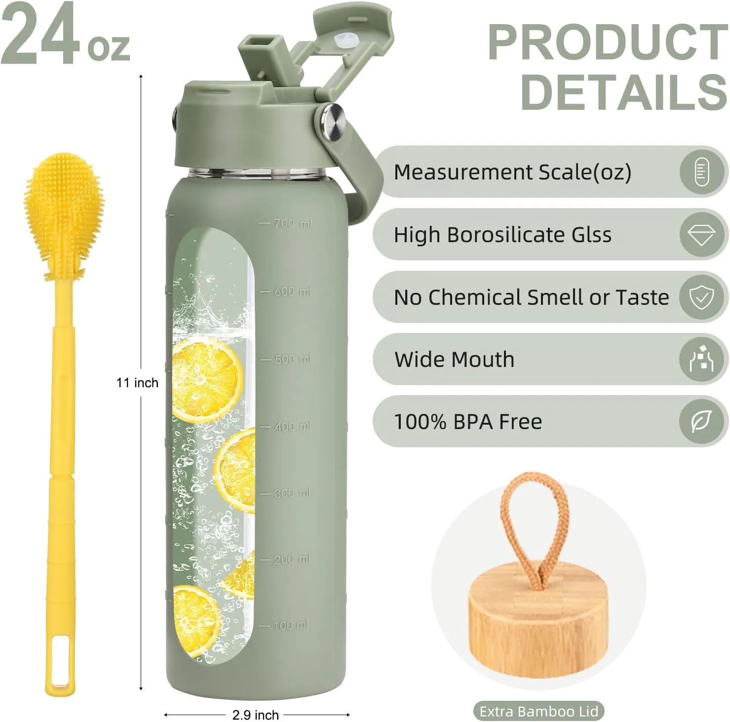 24 oz Glass Water Bottle with 2 Lids-Handle Straw Lid & Bamboo Lid,1 Liter Motivataional Tumbler Water Bottle Time Marker, Borosilicate Glass Water Bottles With Silicone Sleeve, Leakproof