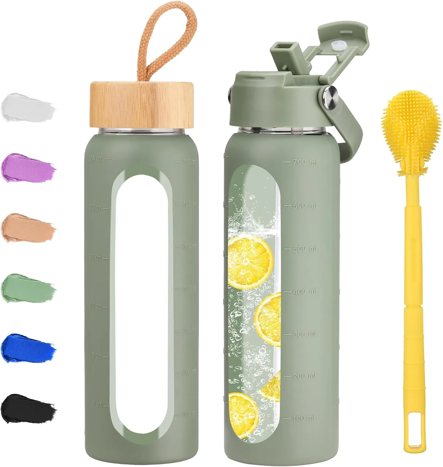 24 oz Glass Water Bottle with 2 Lids-Handle Straw Lid & Bamboo Lid,1 Liter Motivataional Tumbler Water Bottle Time Marker, Borosilicate Glass Water Bottles With Silicone Sleeve, Leakproof