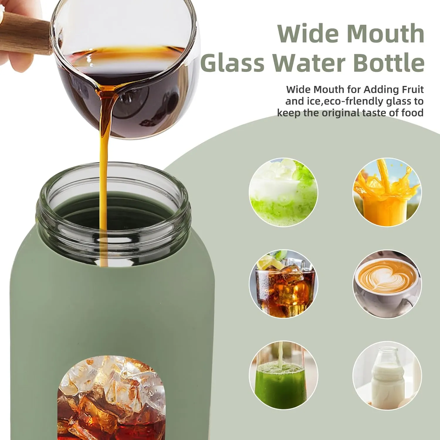 24 oz Glass Water Bottle with 2 Lids-Handle Straw Lid & Bamboo Lid,1 Liter Motivataional Tumbler Water Bottle Time Marker, Borosilicate Glass Water Bottles With Silicone Sleeve, Leakproof