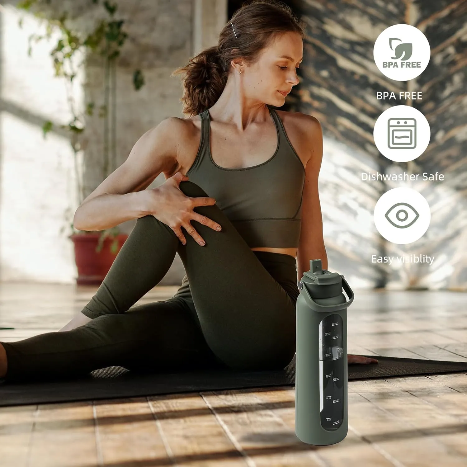 24 oz Glass Water Bottle with 2 Lids-Handle Straw Lid & Bamboo Lid,1 Liter Motivataional Tumbler Water Bottle Time Marker, Borosilicate Glass Water Bottles With Silicone Sleeve, Leakproof