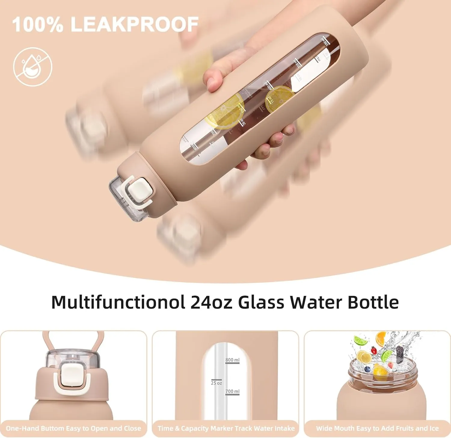 24 oz Glass Water Bottles with 2 Lids-Handle Spout Lid & Straw Lid, Motivational Water Bottle with Time Marker and Silicone Sleeve,Leakproof-Amber-1 Pack