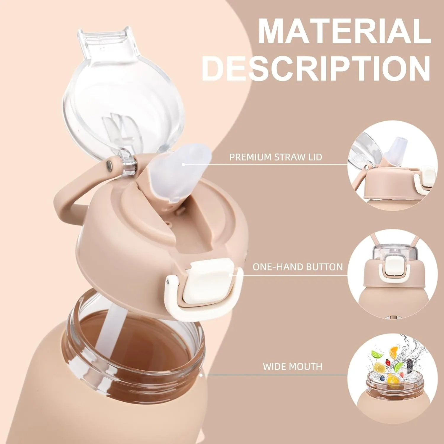 24 oz Glass Water Bottles with 2 Lids-Handle Spout Lid & Straw Lid, Motivational Water Bottle with Time Marker and Silicone Sleeve,Leakproof-Amber-1 Pack