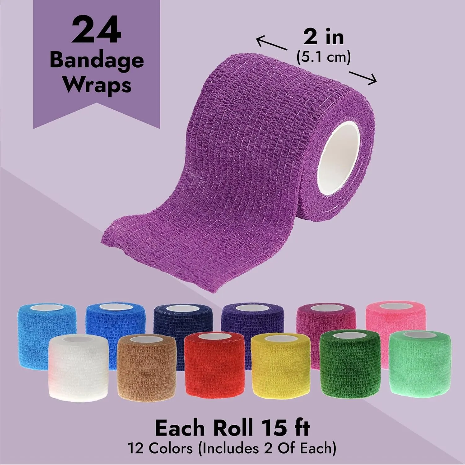 24-Rolls Self Adherent Bandage Wrap 2 inch x 5 Yards – Breathable Vet Tape, Elastic Cohesive for Wrist, Swelling, Sports, Tattoo (12 Bright Colors) - Vet Wrap