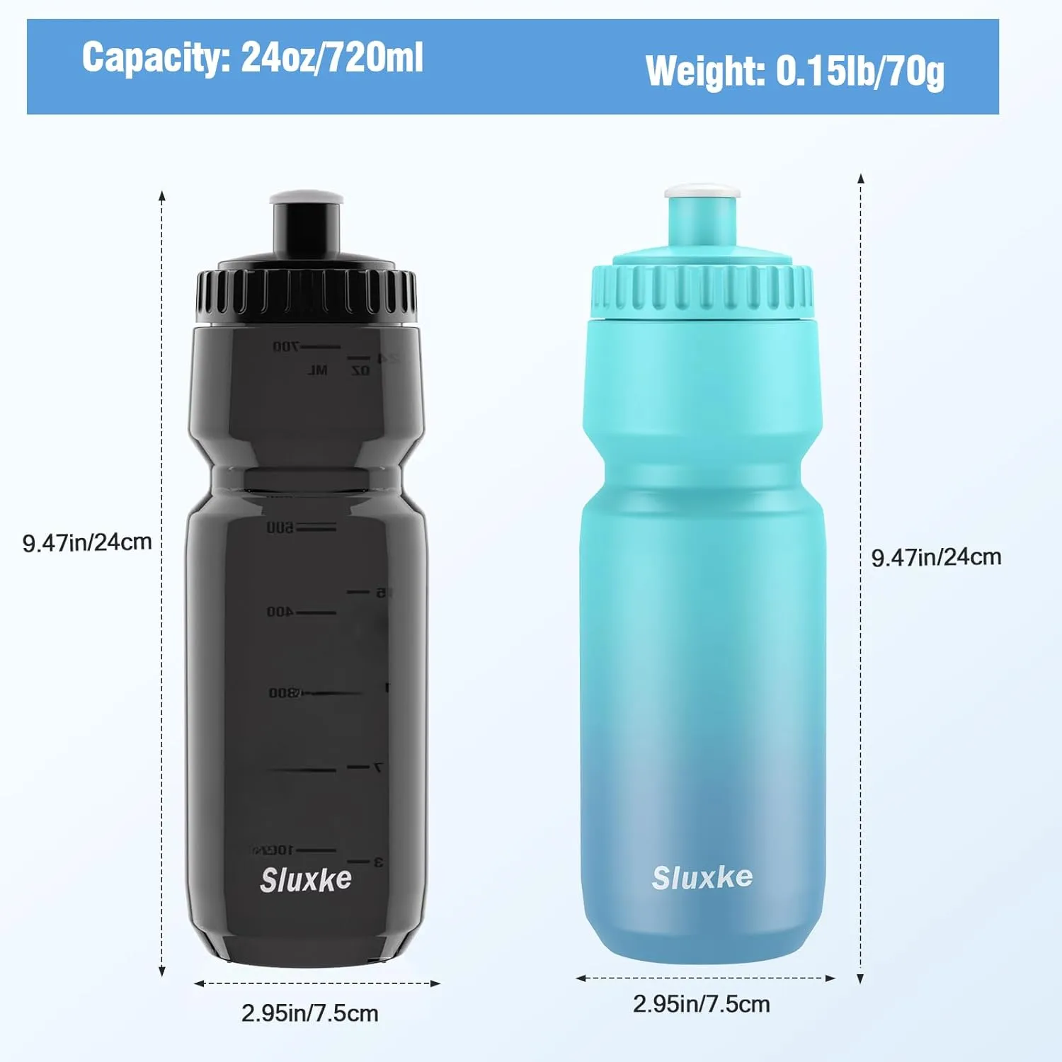 24oz Cycling Water Bottle 2Pack, 720ml Sports Squeeze Bicycle Bottle BPA Free, Lightweight Fits Most Bike Cages
