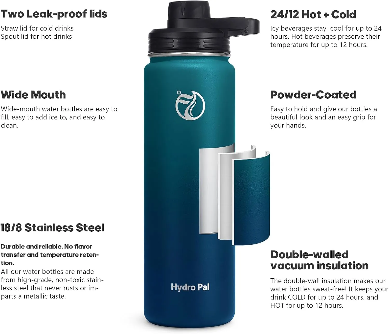 25oz Insulated Water Bottles with 2 Leak Proof Lids(Spout Lid and Straw Lid), Wide Mouth Sport Water Bottle with Straw, Stainless Steel Powder-Coated Water Flask, Double Walled Vacuum Thermos
