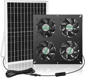 25W Solar 4 Fan Kit for Outdoor Greenhouse, Solar Powered Vent Exhaust Ventilation Fan for Chicken Coop, Shed Air Circulation, 14.7 Ft Long Cord with IP65 Weatherproof Rate