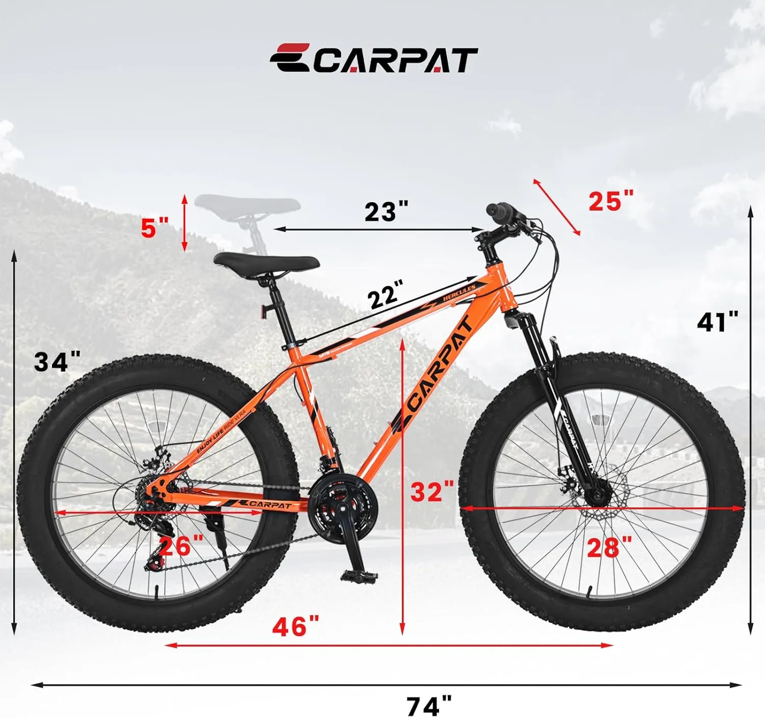 26 Inch Fat Tires Mountain Bike, 21-Speed All Terrain Bicycle with Disc Brakes & 4" Wide Fat Tire, City Snow Beach for Adults and Teenagers, Men's and Women's Mountain Bikes