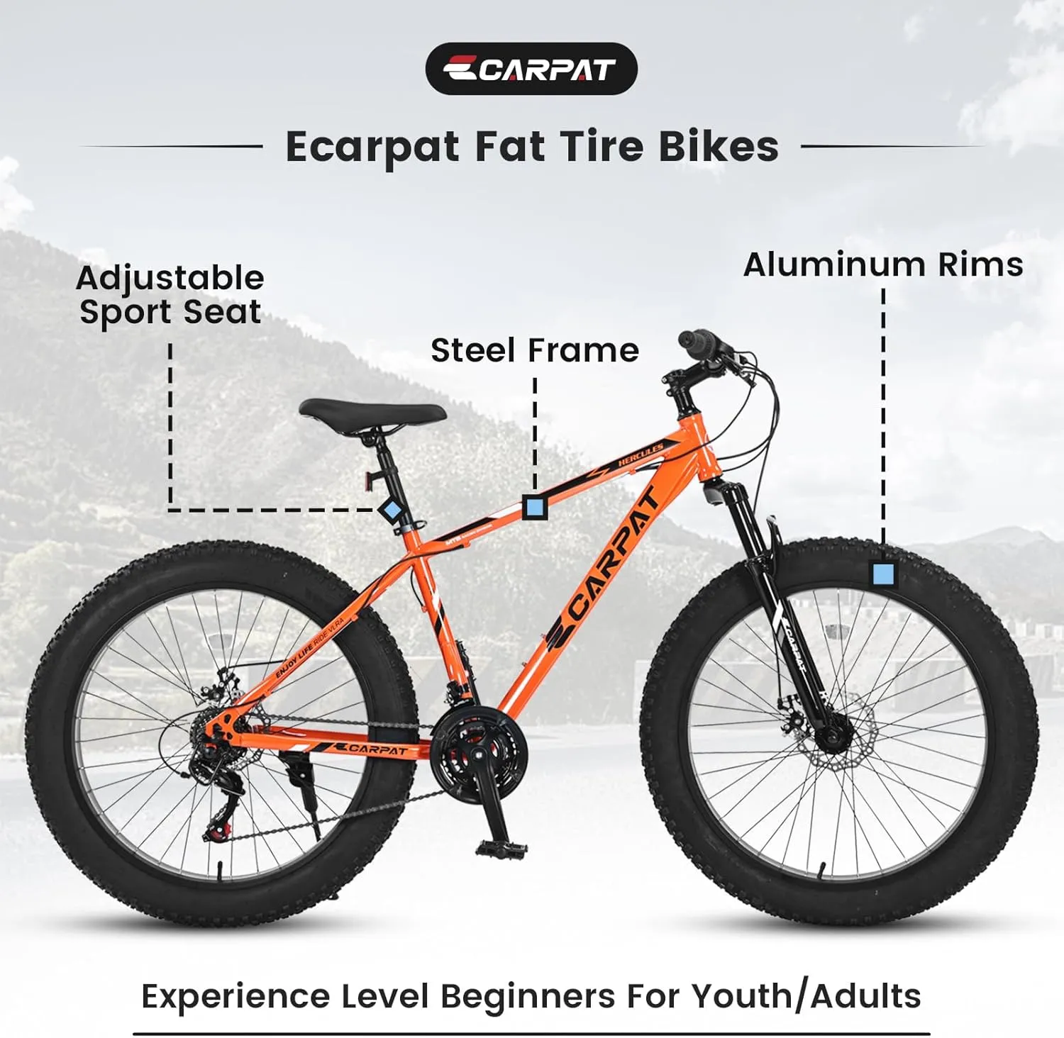 26 Inch Fat Tires Mountain Bike, 21-Speed All Terrain Bicycle with Disc Brakes & 4" Wide Fat Tire, City Snow Beach for Adults and Teenagers, Men's and Women's Mountain Bikes