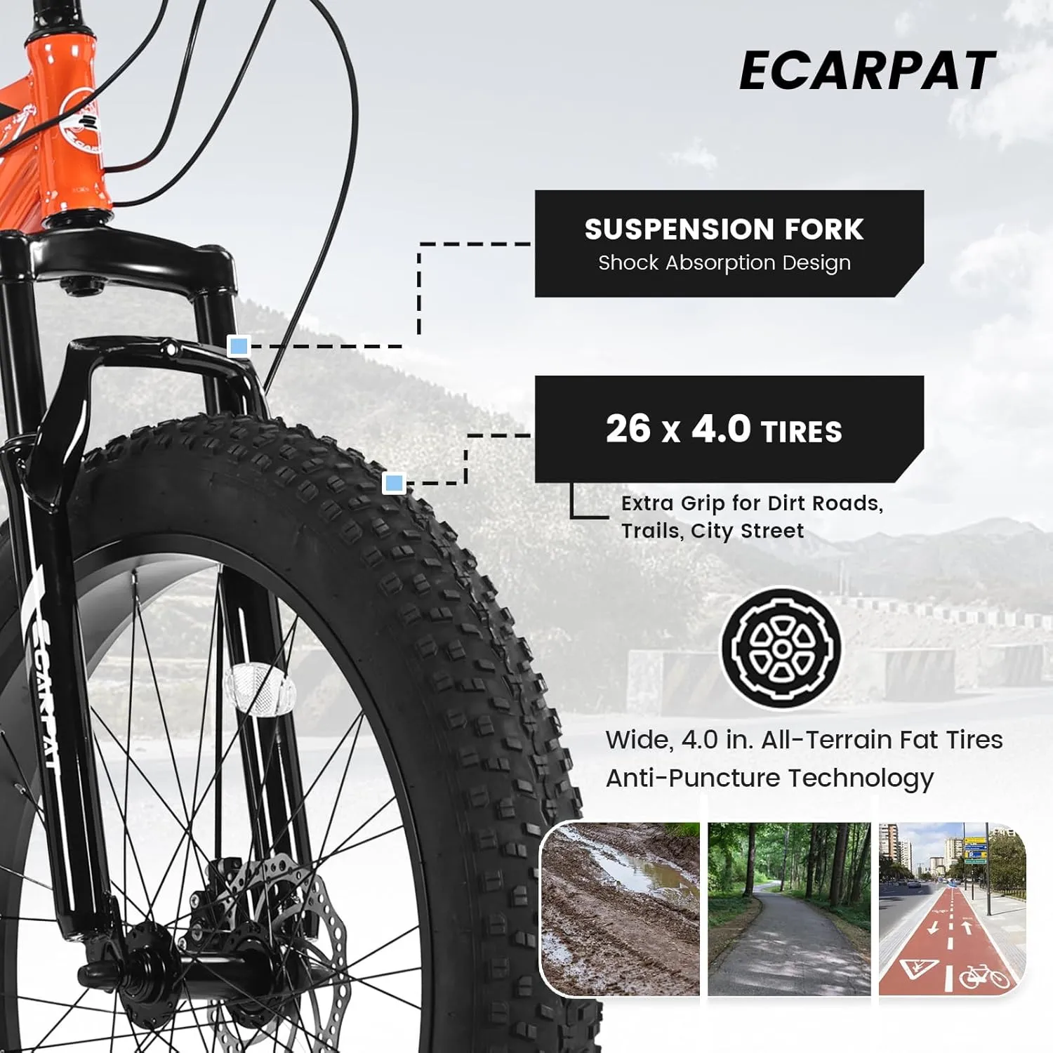 26 Inch Fat Tires Mountain Bike, 21-Speed All Terrain Bicycle with Disc Brakes & 4" Wide Fat Tire, City Snow Beach for Adults and Teenagers, Men's and Women's Mountain Bikes