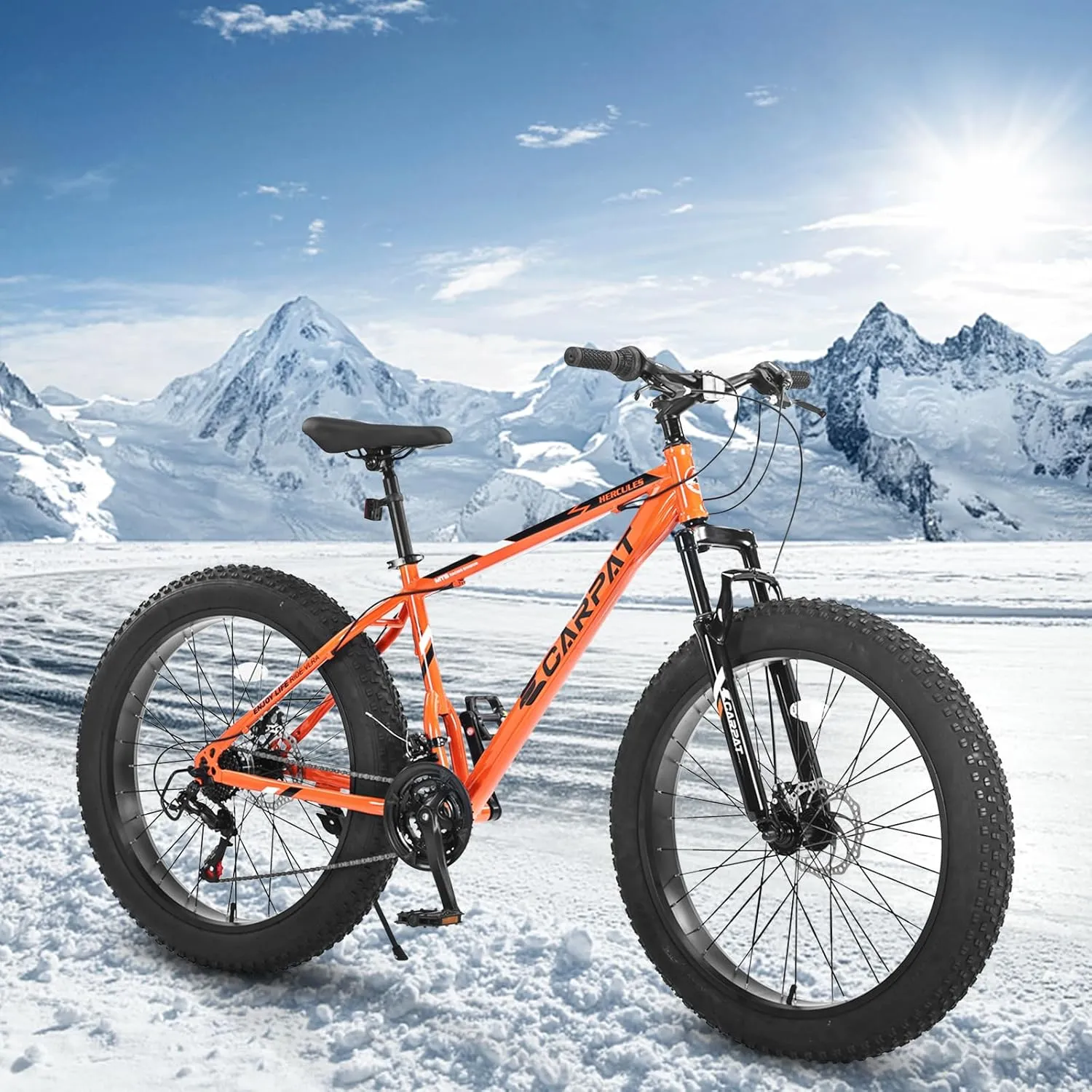 26 Inch Fat Tires Mountain Bike, 21-Speed All Terrain Bicycle with Disc Brakes & 4" Wide Fat Tire, City Snow Beach for Adults and Teenagers, Men's and Women's Mountain Bikes