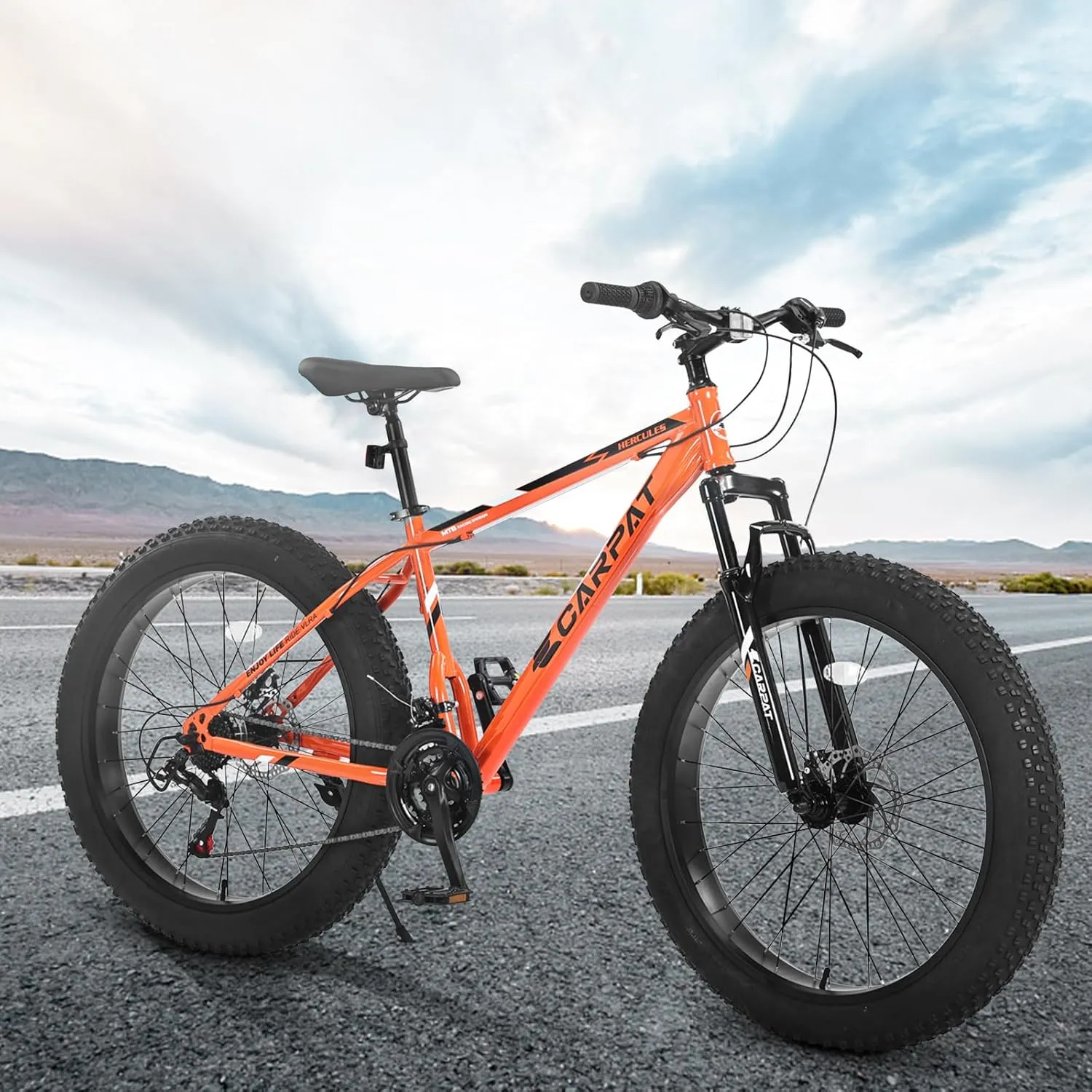 26 Inch Fat Tires Mountain Bike, 21-Speed All Terrain Bicycle with Disc Brakes & 4" Wide Fat Tire, City Snow Beach for Adults and Teenagers, Men's and Women's Mountain Bikes