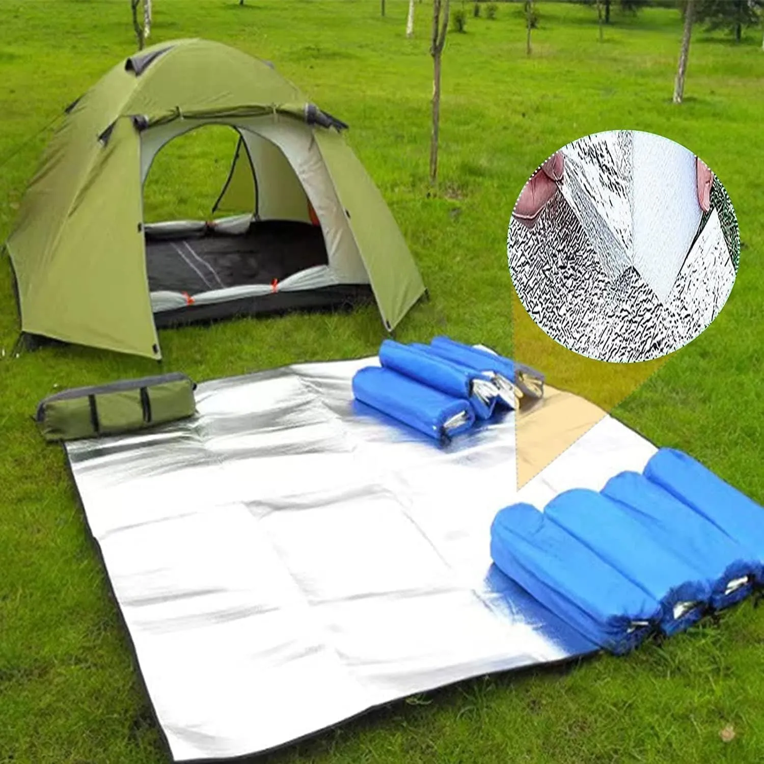 2m×2m Waterproof Foil Camping Mat, Aluminum Film Sleeping Mat, Foam Aluminium Insulating Mat for Traveling & Outdoor Activities, Double-Sided Foil Tent Pad with Storage Bag, 7mm Thick
