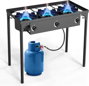 3 Burner Propane Stove, 225,000BTU Outdoor Gas Stove with 0-20 PSI Adjustable Regulator and 4ft Hose, Propane Burners for Outdoor Cooking Patio Backyard Camping with Detachable Stand Legs