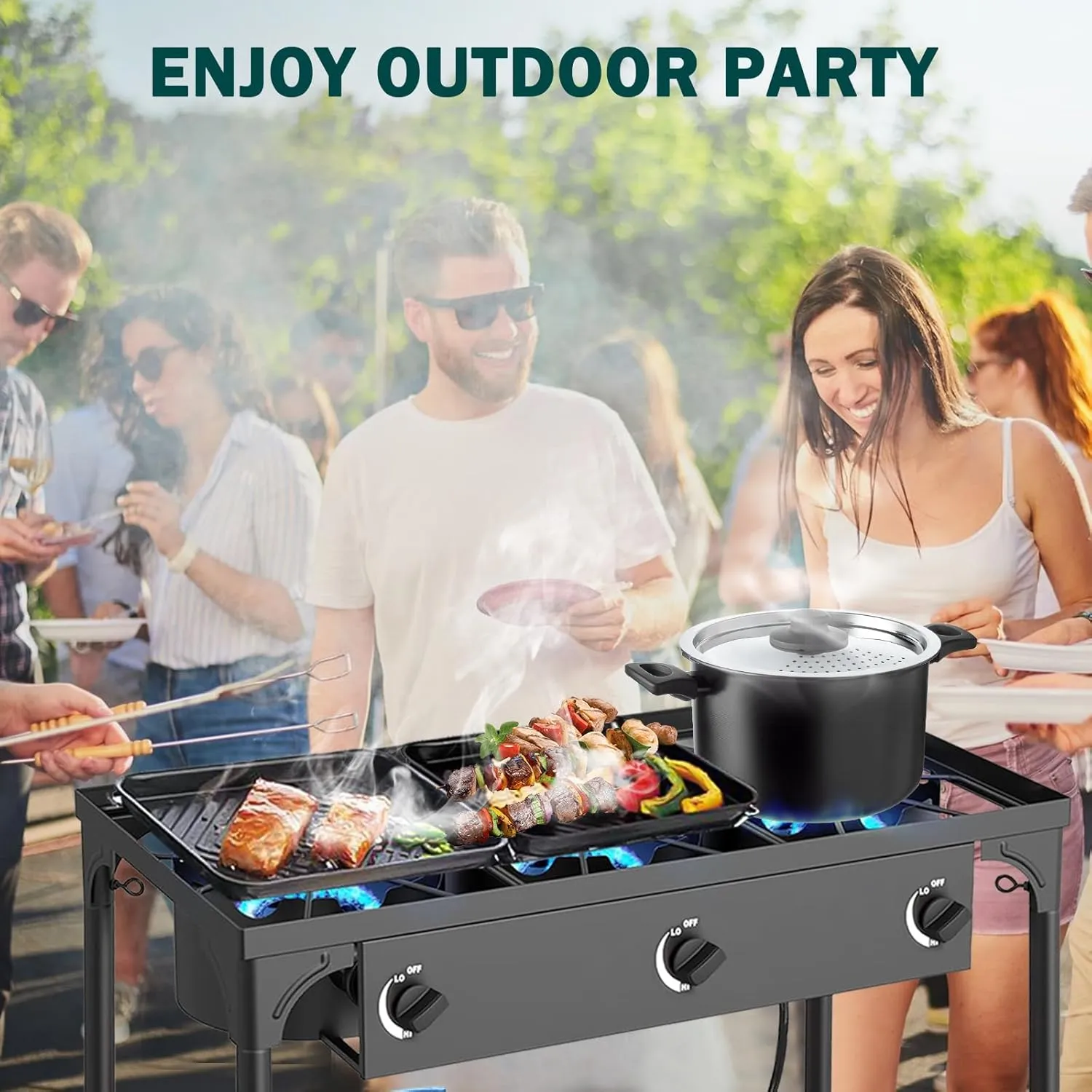 3 Burner Propane Stove, 225,000BTU Outdoor Gas Stove with 0-20 PSI Adjustable Regulator and 4ft Hose, Propane Burners for Outdoor Cooking Patio Backyard Camping with Detachable Stand Legs