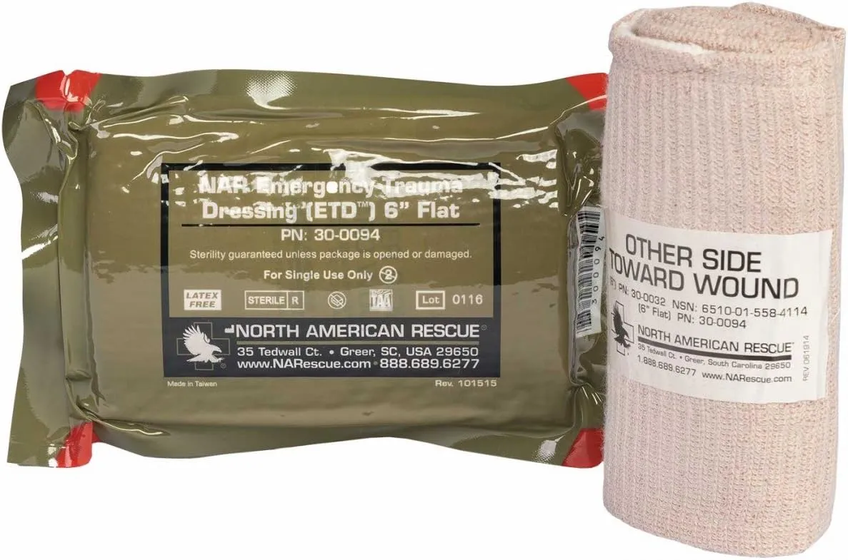 3 Pack Emergency Trauma Dressing Combination 4" - 6" & 8" x 10" Abdominal Bandaging w/Red Tip Vacuum Sealed OD Packs