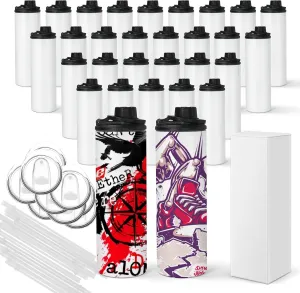 30 Pack Sublimation Water Bottle Blanks - 20 oz Stainless Steel Sports Bottle with Handle, Tumbler Blanks with Lids and Straws, Individually Boxed, White, DIY Gift