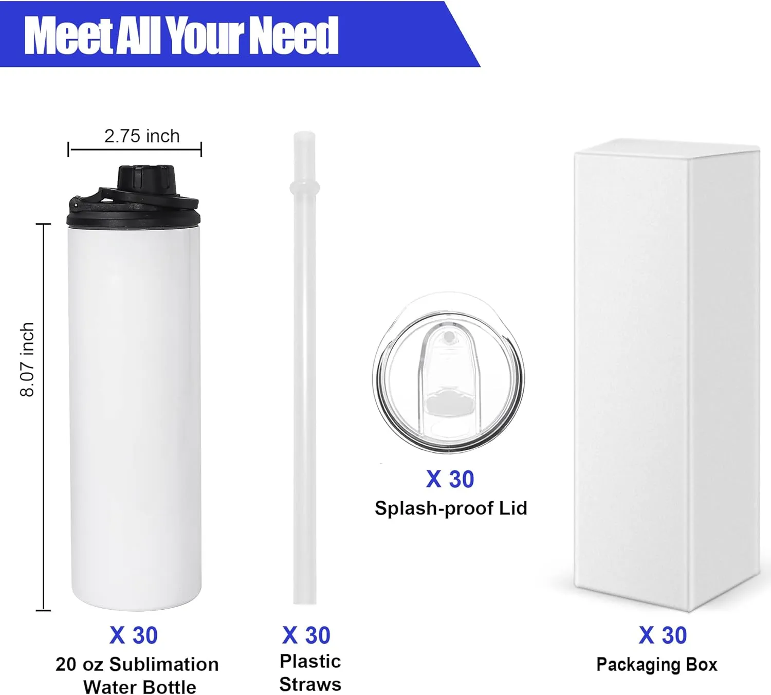 30 Pack Sublimation Water Bottle Blanks - 20 oz Stainless Steel Sports Bottle with Handle, Tumbler Blanks with Lids and Straws, Individually Boxed, White, DIY Gift