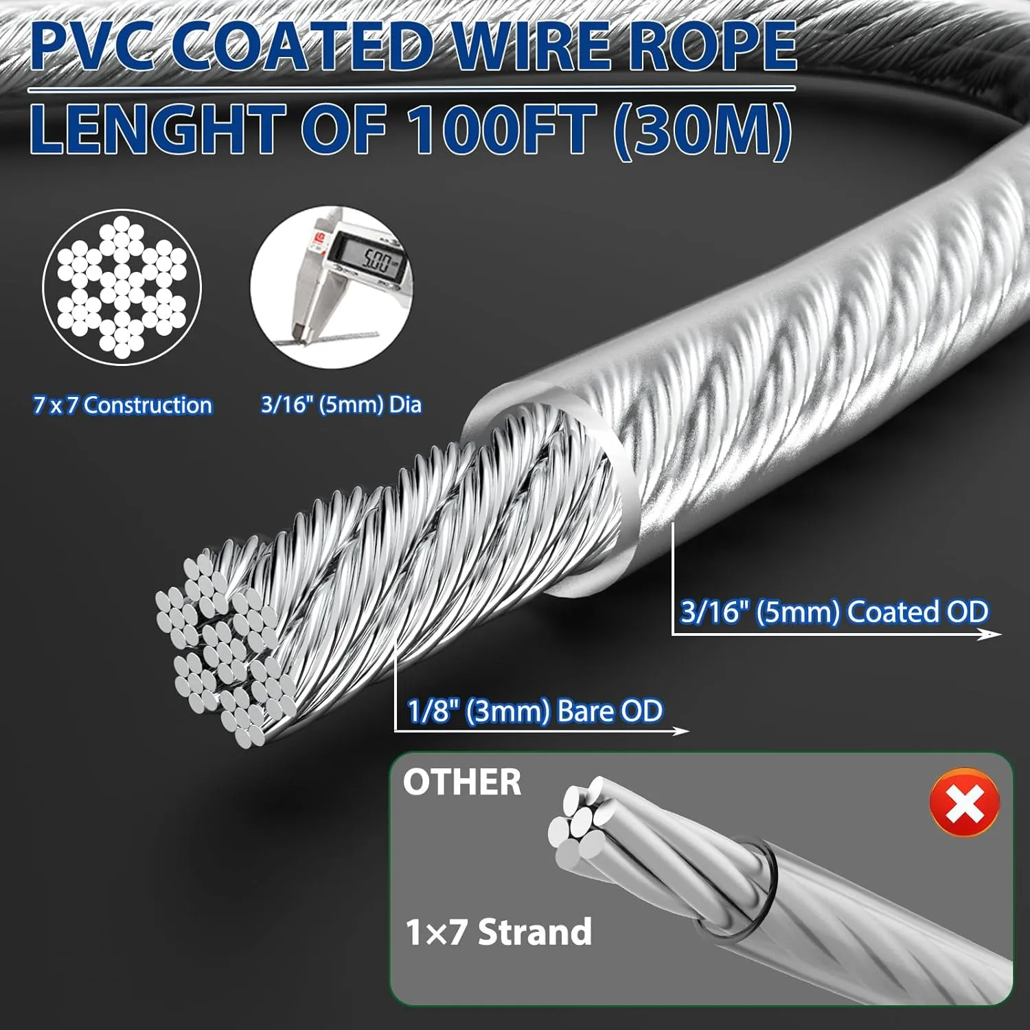 3/16" Wire Rope Kit, 100 Ft PVC Coated Steel Cable w/ 7×7 Strand Core, Stainless Steel Turnbuckle Wire Tensioner Kit for Decking Stair Railing, Shade Sail, String Light Hanging, Clothes Line