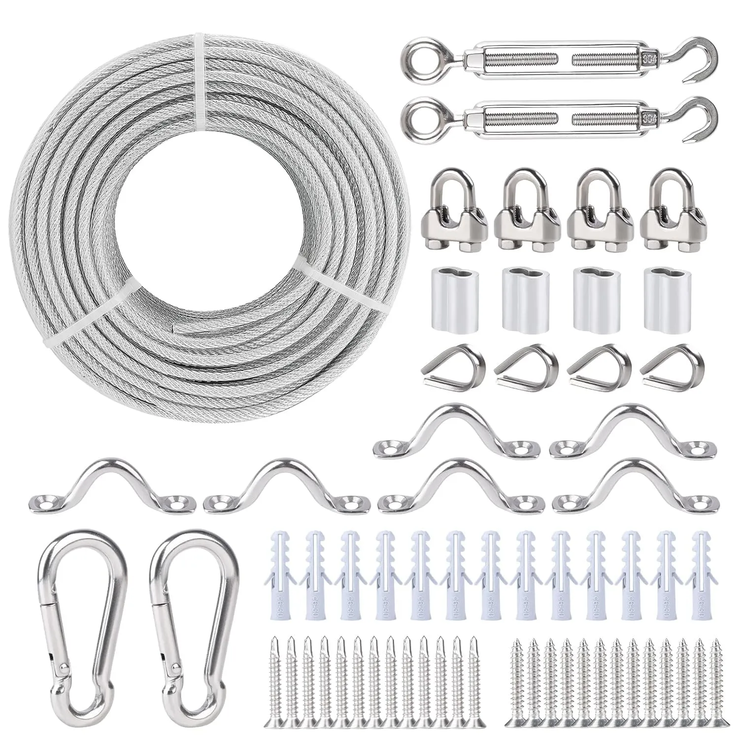 3/16" Wire Rope Kit, 100 Ft PVC Coated Steel Cable w/ 7×7 Strand Core, Stainless Steel Turnbuckle Wire Tensioner Kit for Decking Stair Railing, Shade Sail, String Light Hanging, Clothes Line