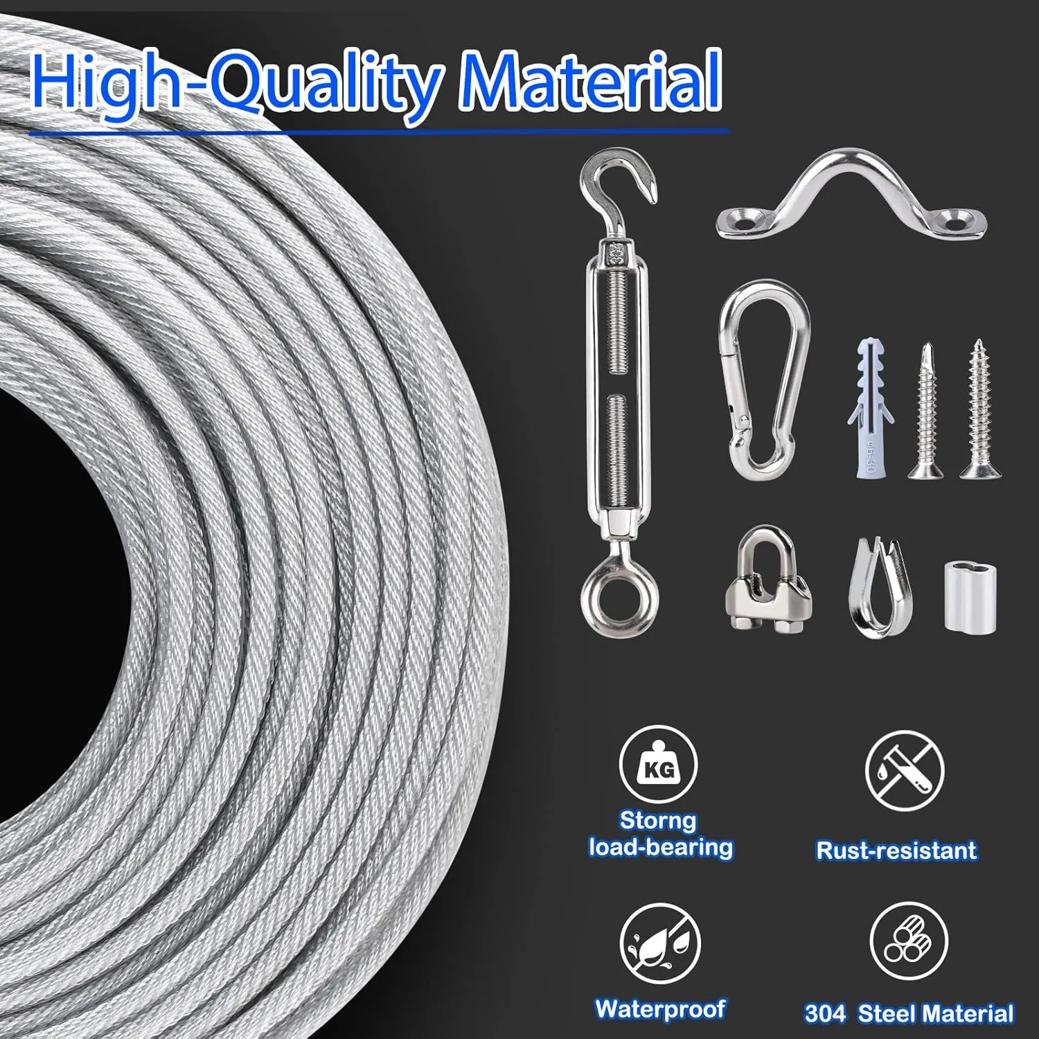 3/16" Wire Rope Kit, 100 Ft PVC Coated Steel Cable w/ 7×7 Strand Core, Stainless Steel Turnbuckle Wire Tensioner Kit for Decking Stair Railing, Shade Sail, String Light Hanging, Clothes Line
