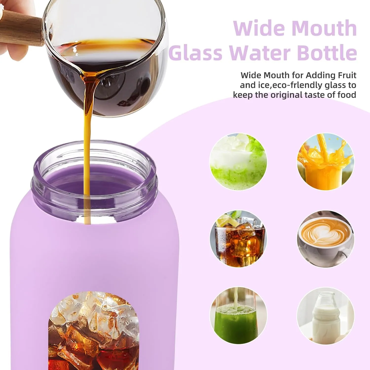 32 oz Glass Water Bottle with 2 Lids-Handle Straw Lid & Bamboo Lid,1 Liter Motivataional Tumbler Water Bottle Time Marker, Borosilicate Glass Water Bottles With Silicone Sleeve, Leakproof