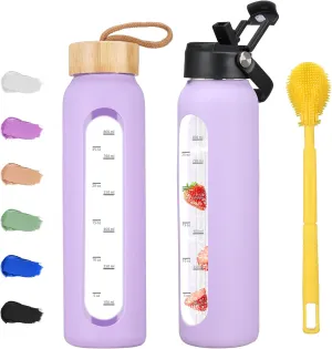 32 oz Glass Water Bottle with 2 Lids-Handle Straw Lid & Bamboo Lid,1 Liter Motivataional Tumbler Water Bottle Time Marker, Borosilicate Glass Water Bottles With Silicone Sleeve, Leakproof