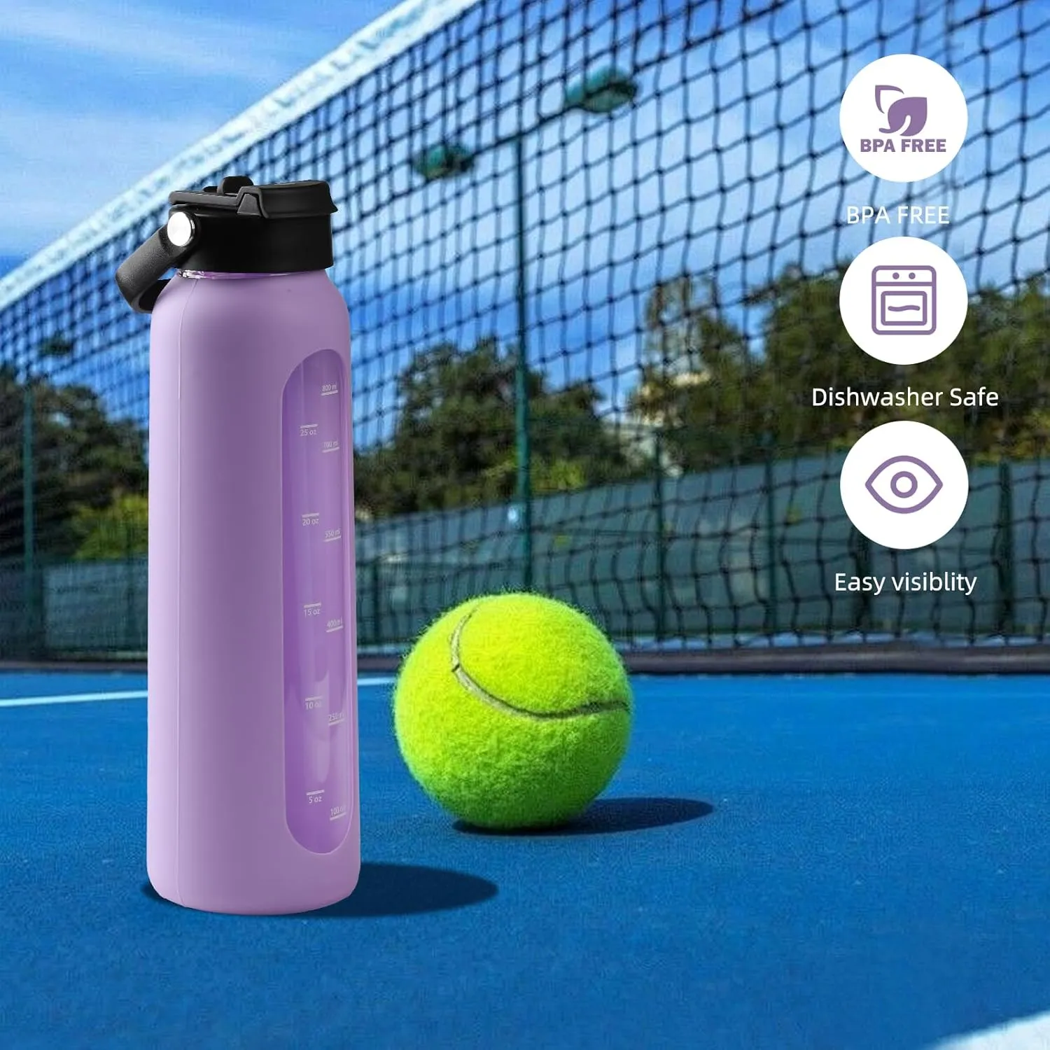 32 oz Glass Water Bottle with 2 Lids-Handle Straw Lid & Bamboo Lid,1 Liter Motivataional Tumbler Water Bottle Time Marker, Borosilicate Glass Water Bottles With Silicone Sleeve, Leakproof
