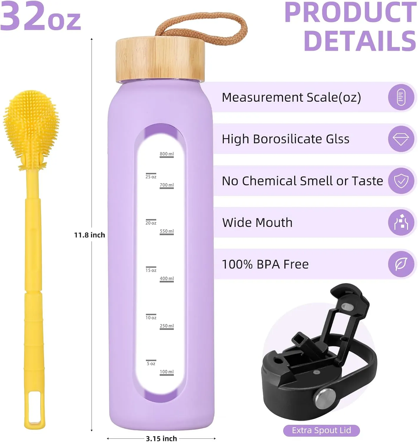 32 oz Glass Water Bottle with 2 Lids-Handle Straw Lid & Bamboo Lid,1 Liter Motivataional Tumbler Water Bottle Time Marker, Borosilicate Glass Water Bottles With Silicone Sleeve, Leakproof