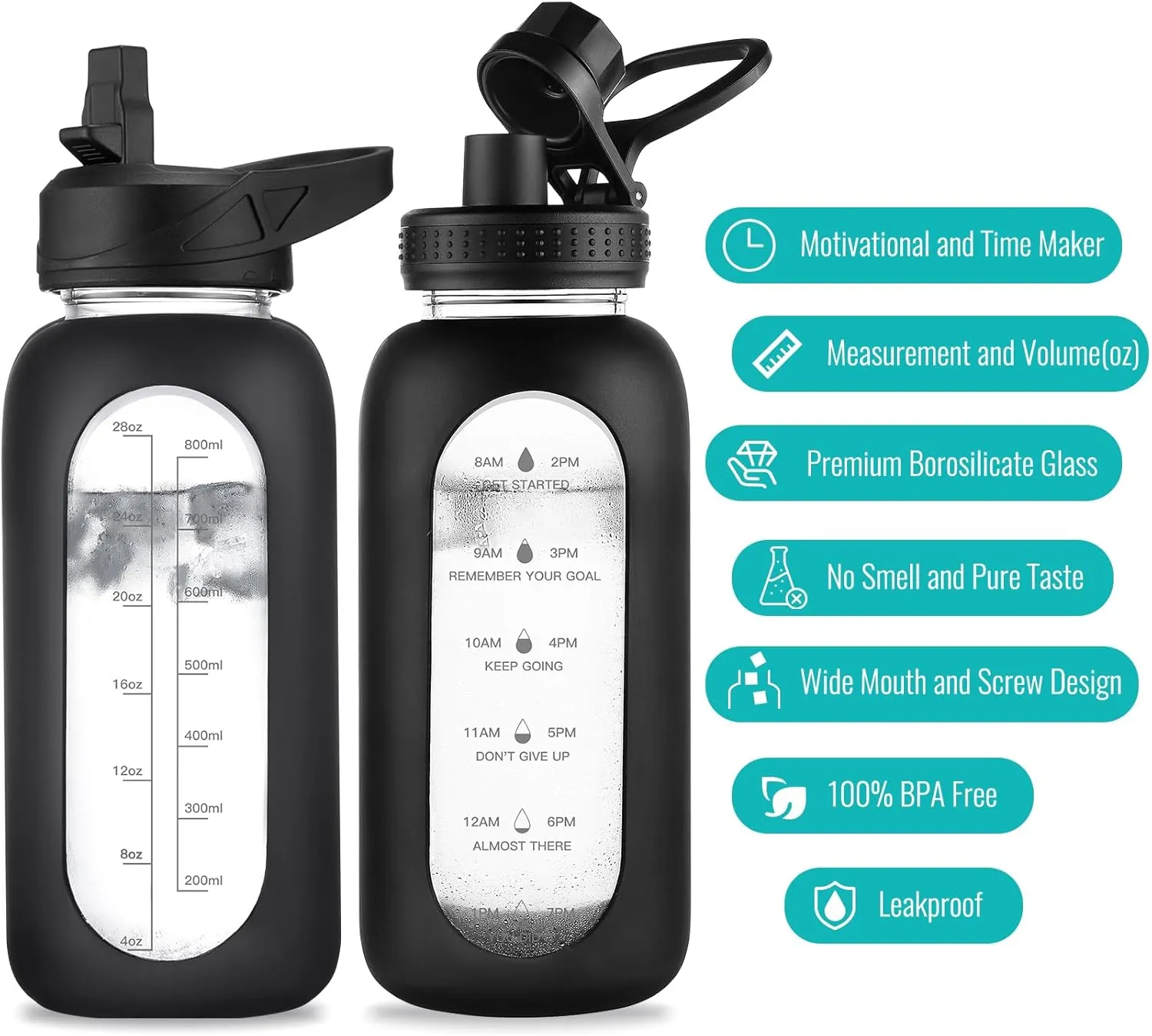 32 oz Glass Water Bottle with Straw and Handle, Sports Motivational Water Flask with Silicone Sleeve, Large Leakproof Water Flask Cup with Time Marker for Travel, Gym, Cream