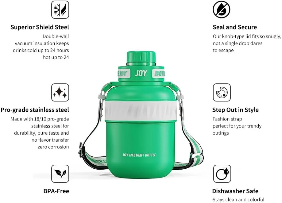 32 oz Stainless Steel Water Bottle with Strap, Double Vacuum Insulated Water Bottle Eco-Friendly and Dishwasher Safe Leakproof Closeable Lid for Cold Drinks Sports Travel School Car