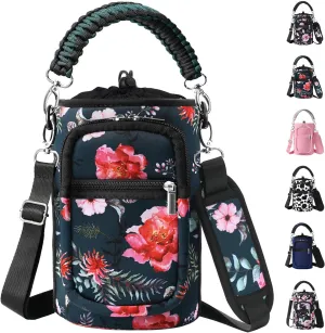 32/40/64/128 oz Neoprene Insulated Water Bottle Carrier Bag, Sling Bag Sleeve Pouch Holder with Strap & Paracord Handle and 2 Pocket for Travelling, Hiking, Camping