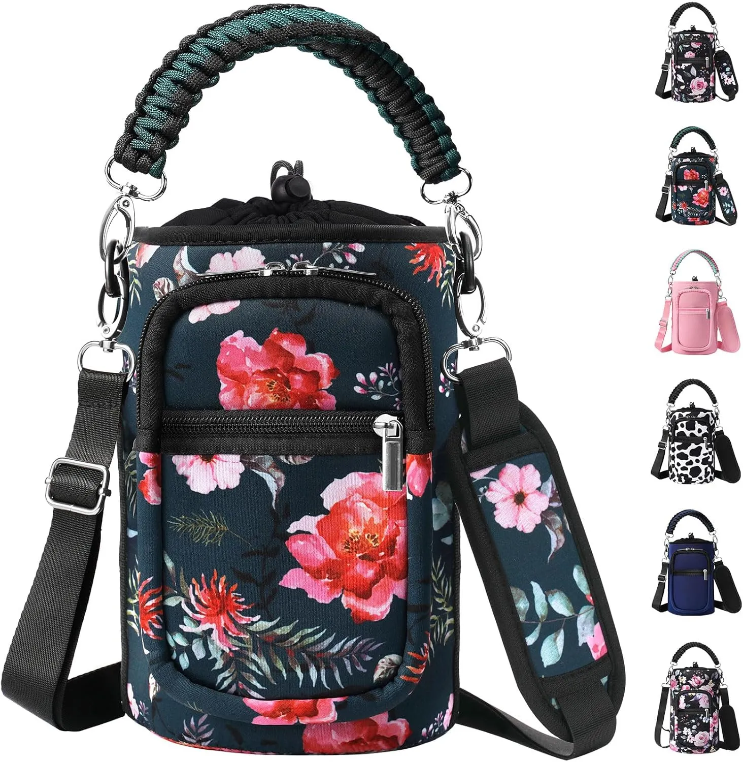 32/40/64/128 oz Neoprene Insulated Water Bottle Carrier Bag, Sling Bag Sleeve Pouch Holder with Strap & Paracord Handle and 2 Pocket for Travelling, Hiking, Camping