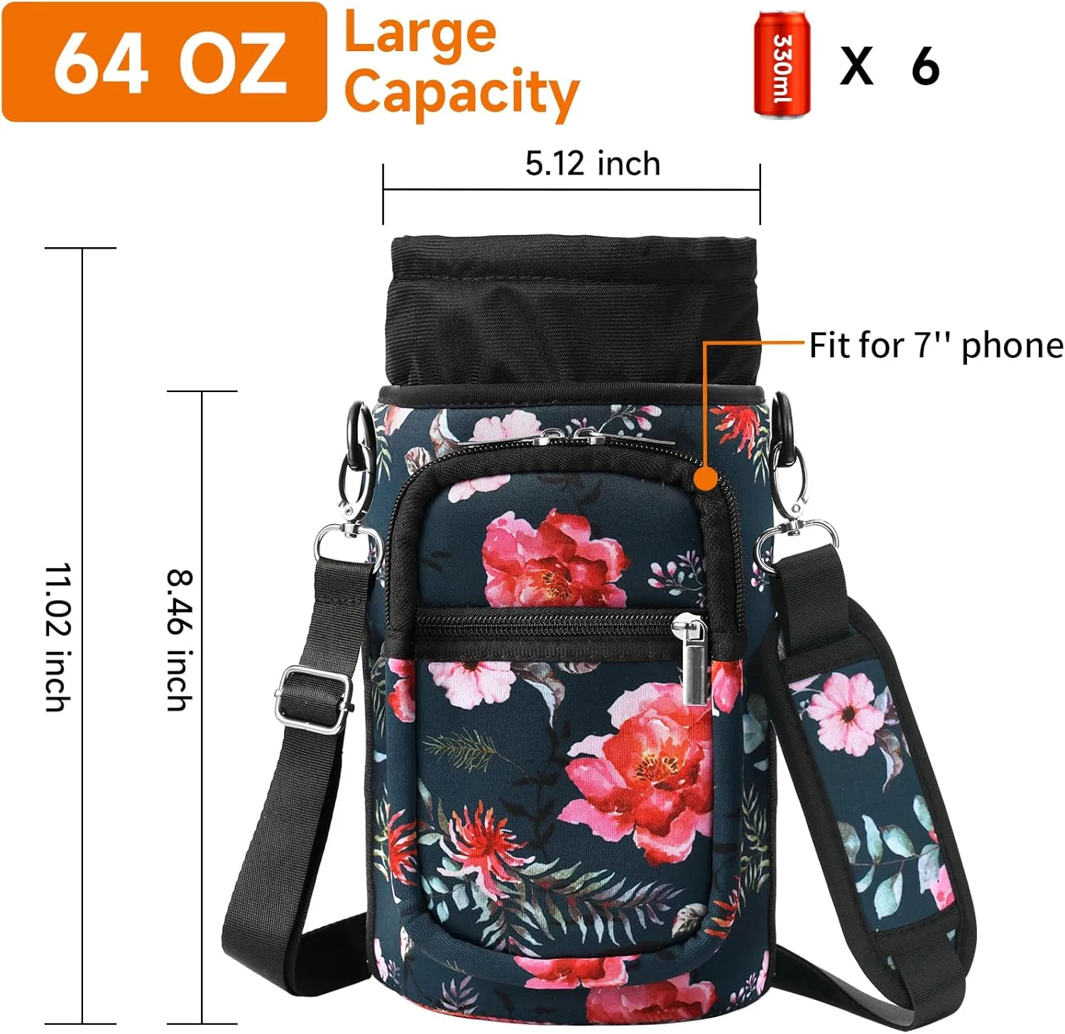 32/40/64/128 oz Neoprene Insulated Water Bottle Carrier Bag, Sling Bag Sleeve Pouch Holder with Strap & Paracord Handle and 2 Pocket for Travelling, Hiking, Camping