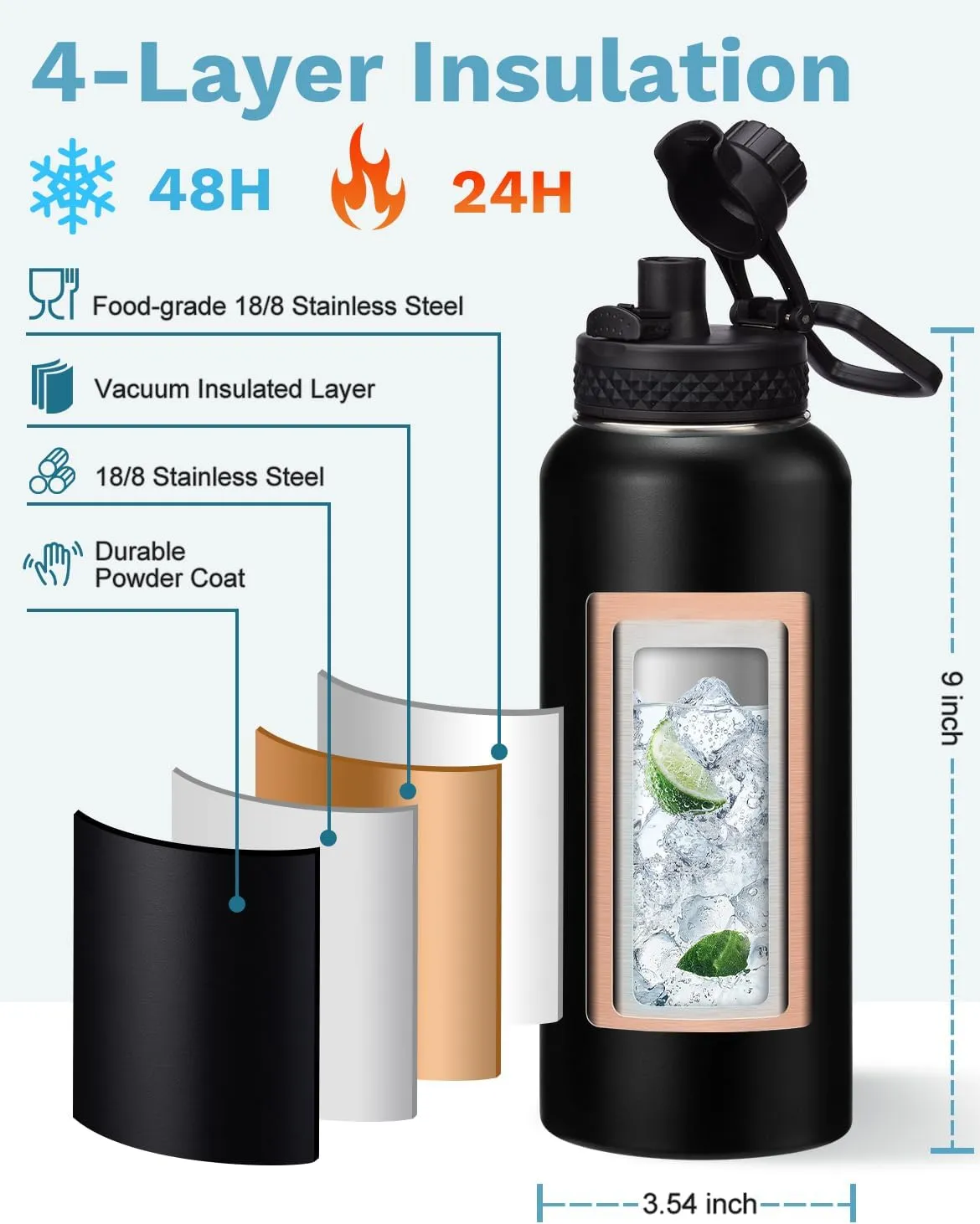 32/40/64/128oz Water Bottle with Straw Auto Spout Lid Keep Cold 48h, Insulated Thermos Water Bottles 32 oz with Strap Carrier, Protective Boot & Paracord Handle