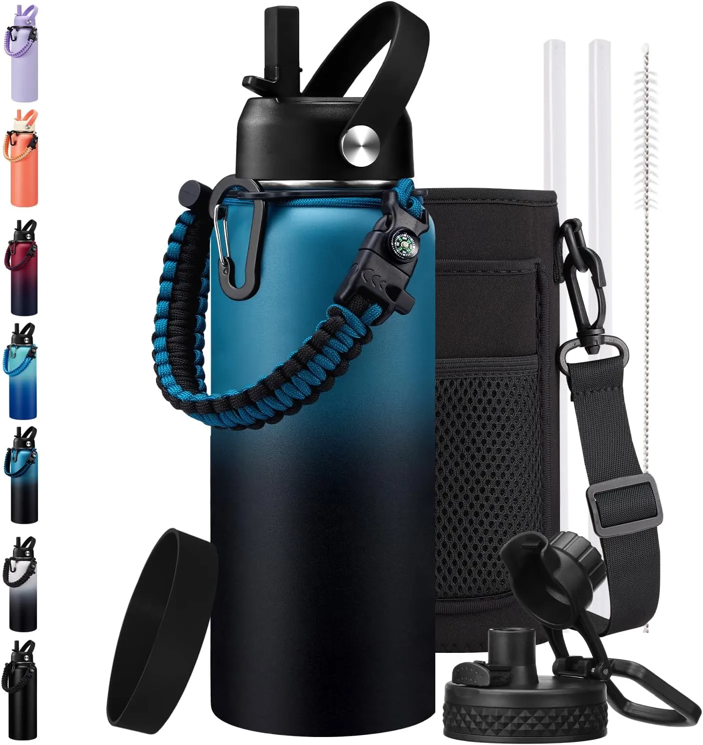32/40/64/128oz Water Bottle with Straw Auto Spout Lid Keep Cold 48h, Insulated Thermos Water Bottles 32 oz with Strap Carrier, Protective Boot & Paracord Handle