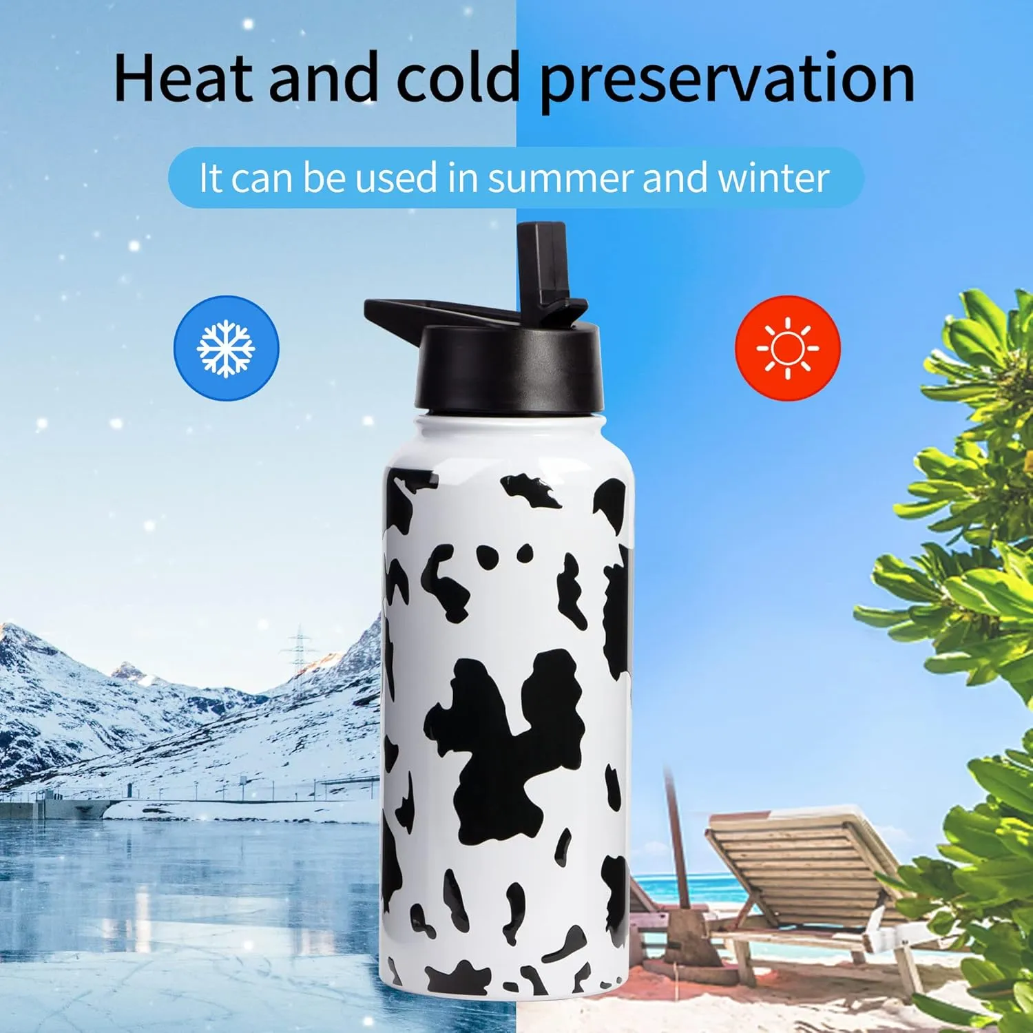 32oz Cow Print Vacuum Insulated Stainless Steel Water Bottles with Straw & Spout Lids, Double Wall Sport Bottle, Sweat-Proof BPA Free, Canteen Metal Thermo Mug Hydro Jug, Cow Print Stuff Gifts
