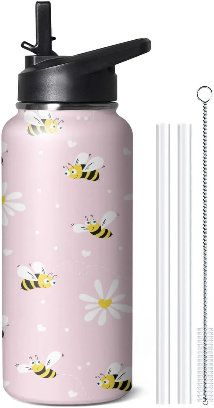 32oz Cute Bee Water Bottle with Handle and Flip Straw, Sports Stainless Steel Insulated Cup, Travel Coffee Mug Tumbler, Birthday Mothers Day Chritmas Gifts for Women Animal Lovers