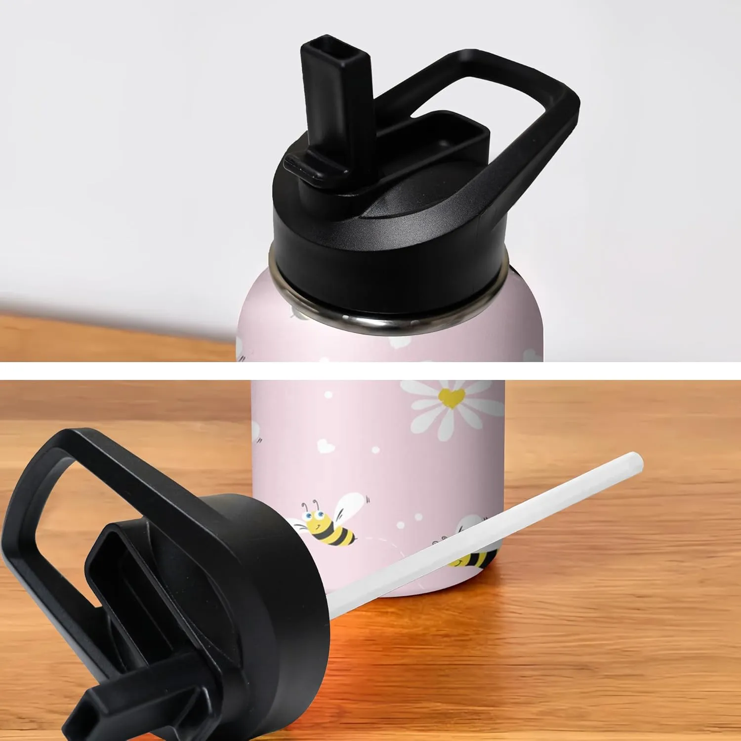 32oz Cute Bee Water Bottle with Handle and Flip Straw, Sports Stainless Steel Insulated Cup, Travel Coffee Mug Tumbler, Birthday Mothers Day Chritmas Gifts for Women Animal Lovers